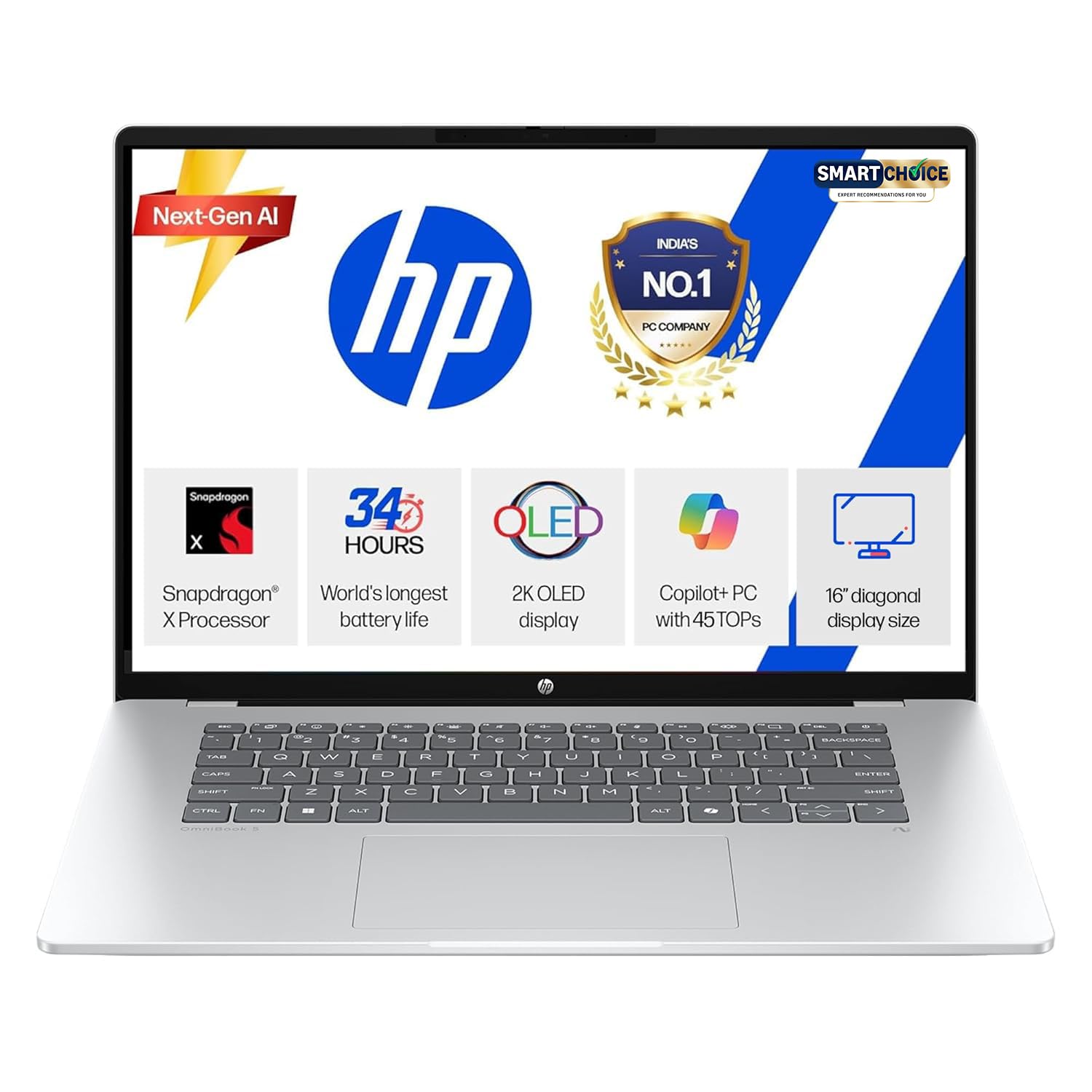 HP Omnibook 5 OLED (Previously Pavilion), Snapdragon X Processor 45 Tops (16GB LPDDR5x, 1TB SSD) 2K,16''/40.6cm, Win11, Office24, Silver, 1.59kg, fb0001QU, Multi-Day Battery AI Laptop