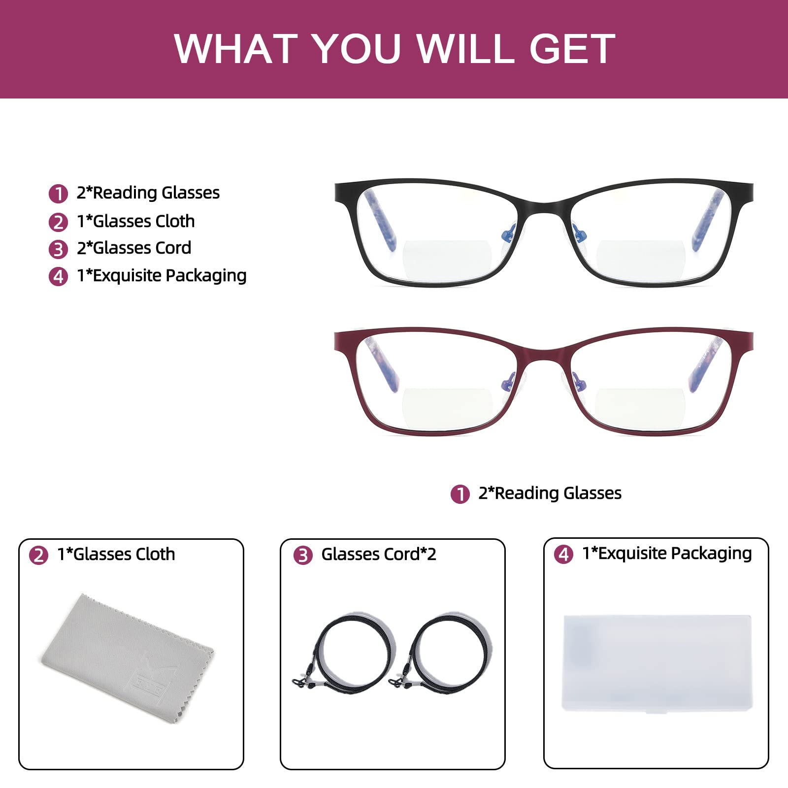 Bifokale Lesebrille für Damen, blaues Licht, transparente Kappe, Computerleser, breiter Metallrahmen, elegante Design-Gläser