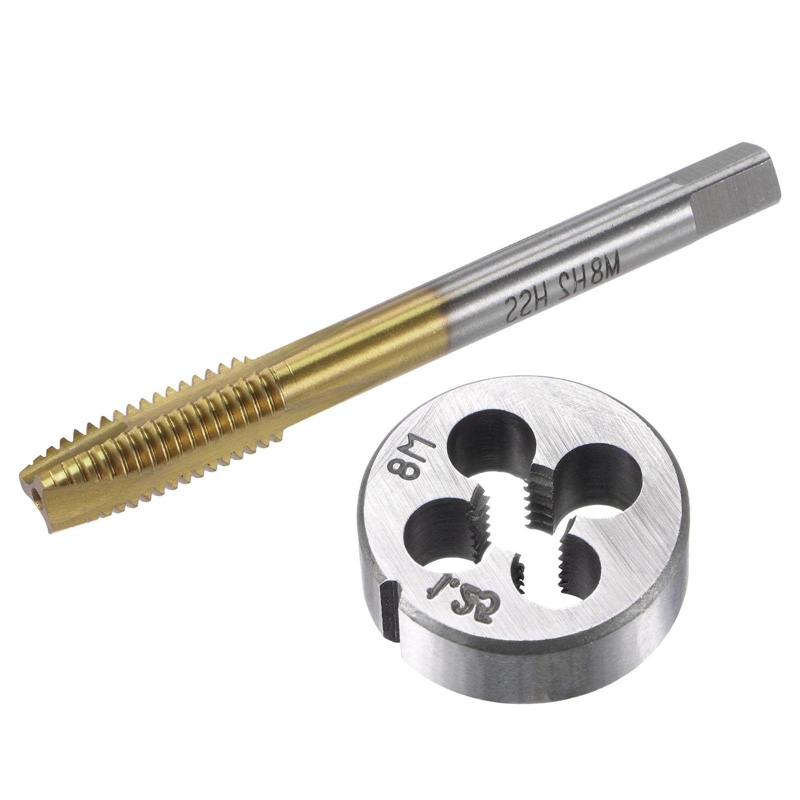 MACHSWON Tap and Die Set Metric M8x1.25,HSS (High Speed Steel) Titanium Plated Machine Spiral Point Thread Screw Tap,Alloy Steel Round Threading Die