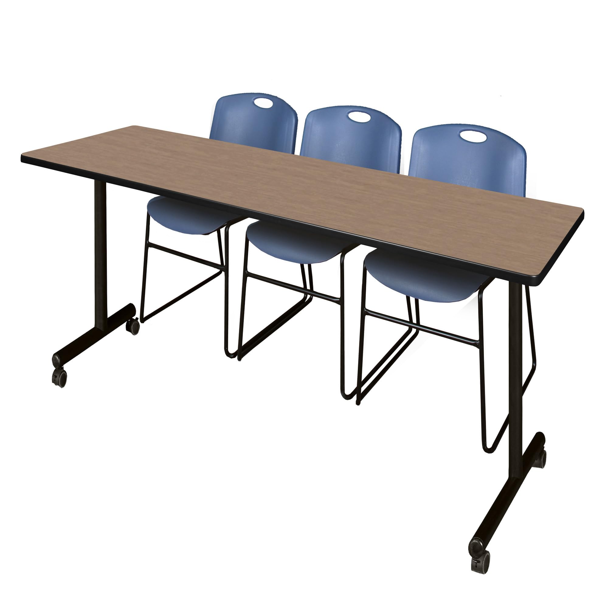 Regency Kobe 84 x 24 in. Mobile T-Base Training Table- Noble Oak, 2 Zeng Stack Chairs- Blue