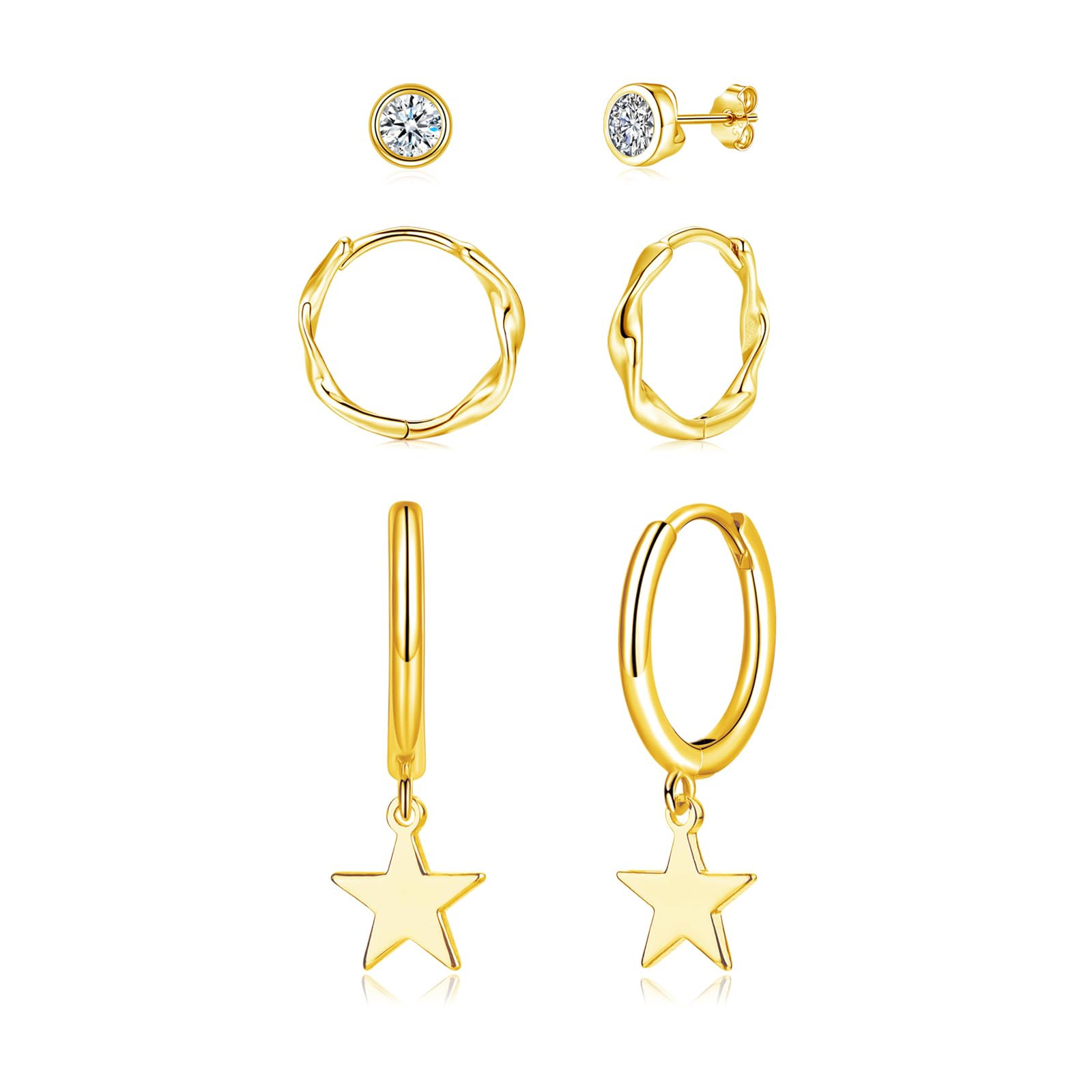 Kamise Ohrringe Silber 925, 925 Sterling Silber Ohrstecker & Creolen & Stern Ohrhänger Ohrringe Set, 3 Paare Silber Ohrring Set für Damen, Klein Hypoallergen Ohrring Set für Mehrere Ohrlöcher