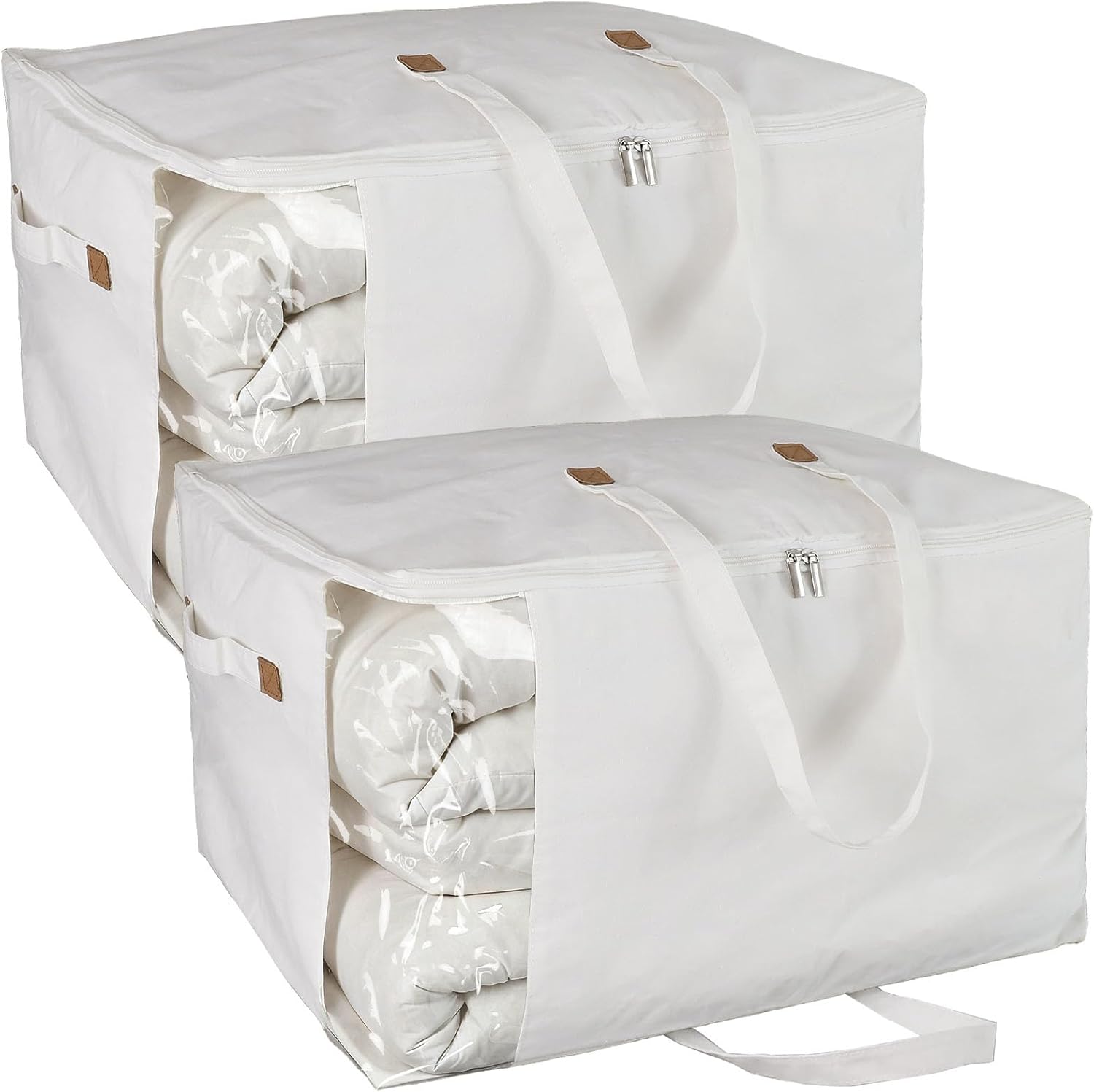 Heavy Duty Cotton Canvas Storage Bags For Comforter Blankets Clothes Extra Large Foldable Organizer with Clear Window & Reinforced Handles, Dustproof Design (White, 80L-2Pack)