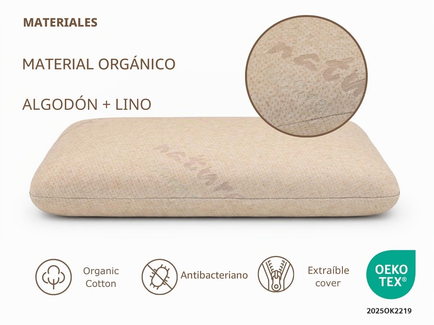 DREMADI Almohada de Latex 100% con Funda de Algodon y Lino 70X40, 12 CM, orgánica, Alivio de la presión Cervical, Desenfundable y Lavable. Ergonómica