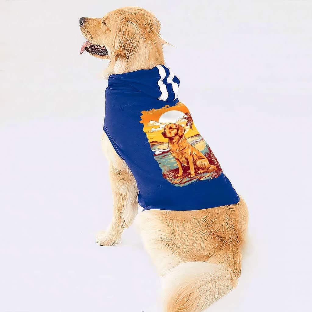 Sunset Print Dog Shirt with Hoodie - Beach Dog Hoodie - Sun Dog Clothing - Royal White, XL