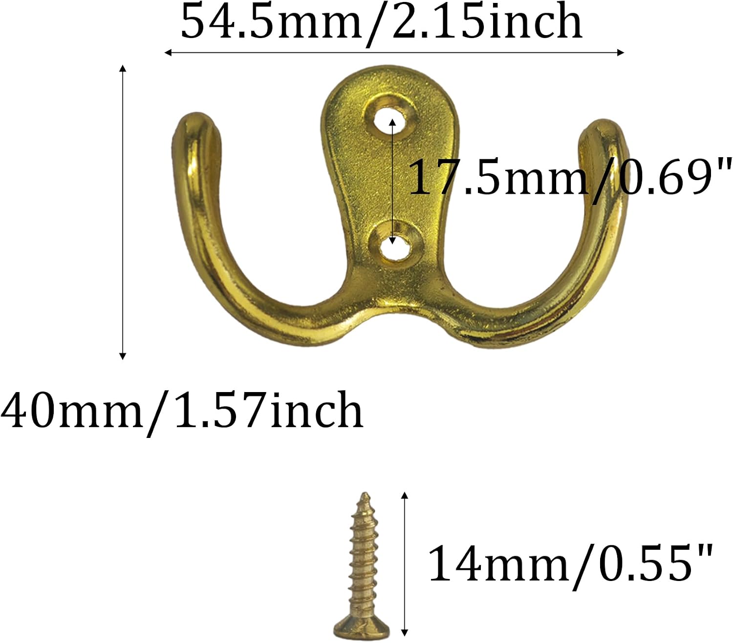 10PCS Double Prong Wall Hooks, Decorative Coat Hangers with Mounting Screws, Wall Mounted Hooks for Towels Clothes Bags Kitchen Bathroom（Gold）