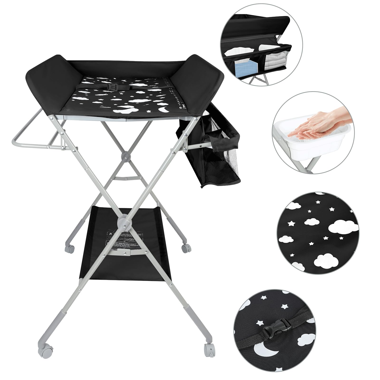 Fasciatoio pieghevole per bambini, fasciatoio, portatile, con scomparti, cintura di sicurezza, Pannolini Multifunzionale Portatile per Bagnetto Neonati, fino a 25 kg, 80 * 58 * 90 cm - chiaro grigio
