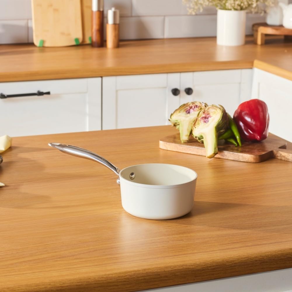 Karaca Swiss Crystal Almond Cream 14 cm Non-Stick Induction Saucepan with Stainless Steel Handle – Eco-Friendly Ceramic Coating, Dishwasher Safe