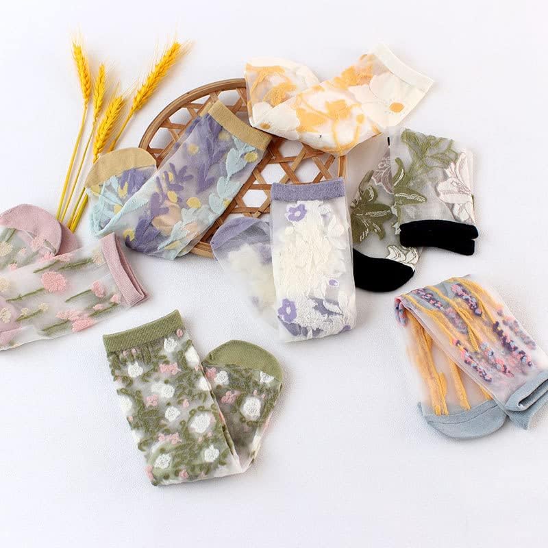 Miniatura 3 de CYee 7 pares de calcetines estéticos florales transparentes para mujer, calcetines de malla bordada vintage con volantes, calcetines de encaje con