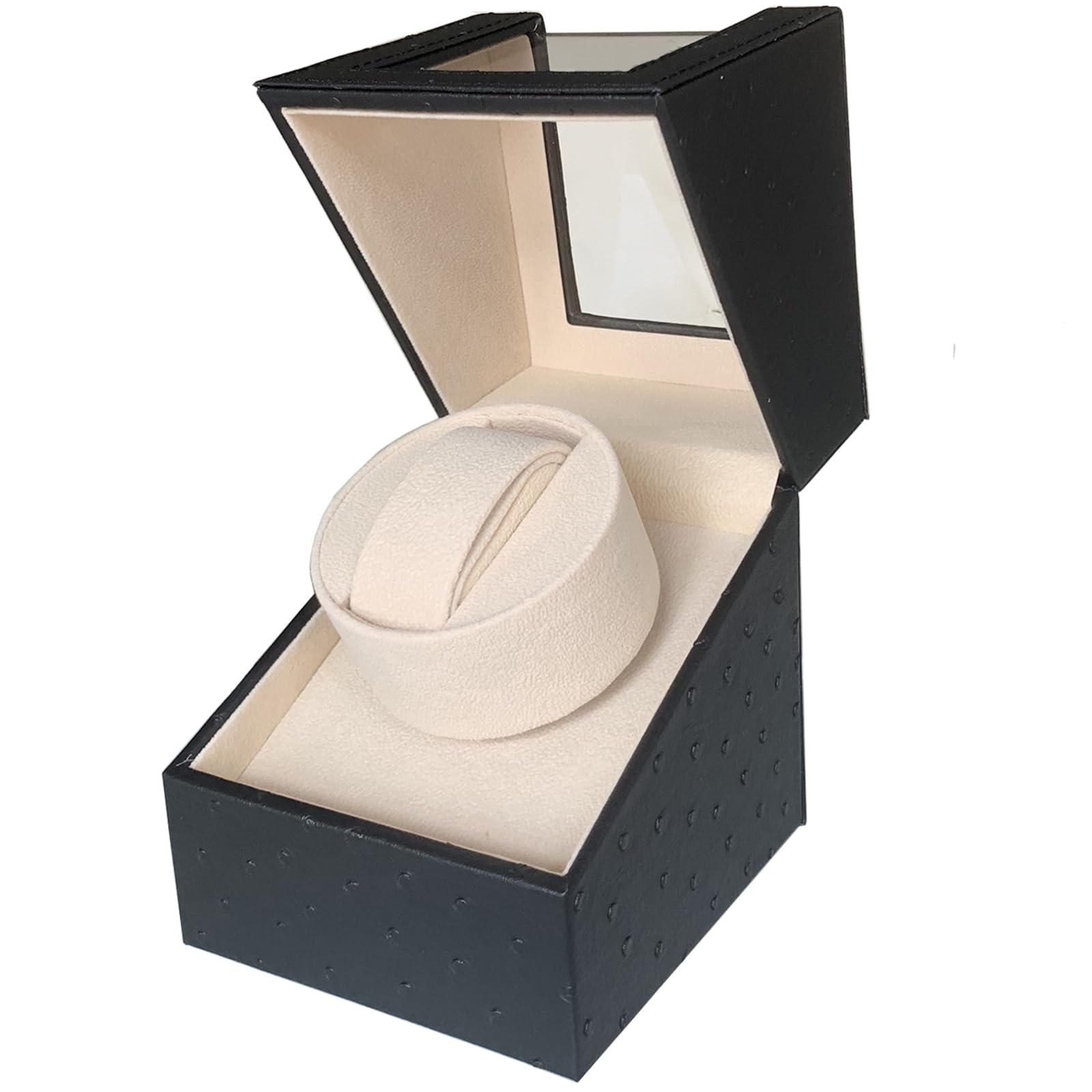 Single Watch Winder for Automatic Watches, Super Quiet, in Wood Shell and Black Leather/Carbon Fiber Leather, Japanese Motor