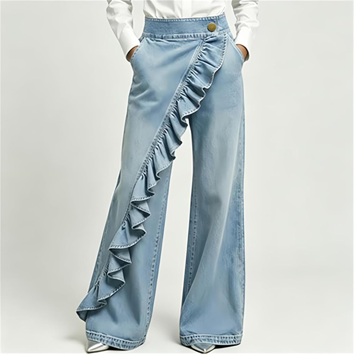 Women's High Waisted Wide Leg Jeans Trendy Cute Ruffle Detail Asymmetrical Wrap Button Front Flowy Dressy Denim Pants
