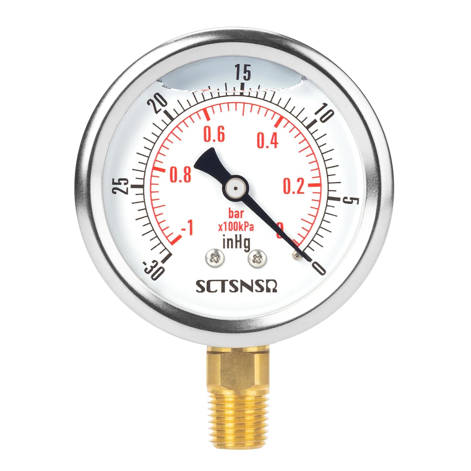 2-1/2" Dial Size, -30 inHg-0 Pressure Gauge, Glycerin Liquid Filled, 1/4" NPT Lower Mount, Stainless Steel Case, for Air Conditioning Line, Tank, Air Pump, HVAC, Pipe, Vacuum Pressure Test