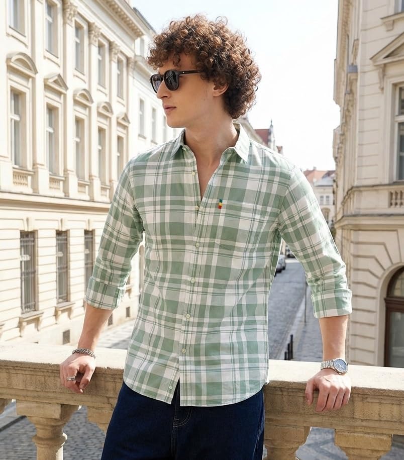 Image of IndoPrimo Men's Checked Slim Fit Casual Shirt Premium Cotton Full Sleeve Plaid Shirt with Chest Pocket Stylish Summer & Office Wear
