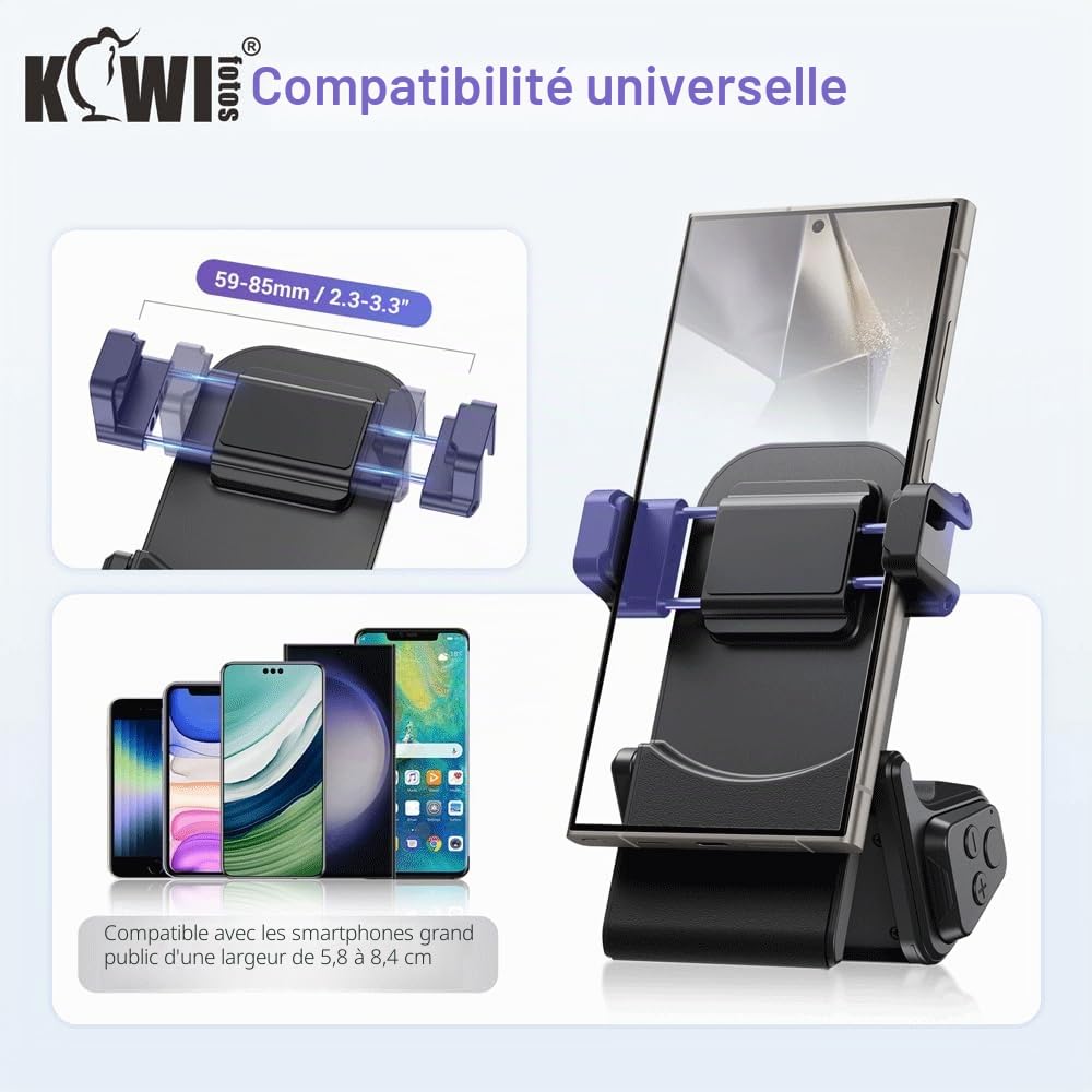 KIWIFOTOS Grand Support pour Smartphone avec Détachable Télécommande, Poignée Magnétique avec Griffe pour Prise de Vue iPhone Android de 59 à 85mm de Largeur (Noir)