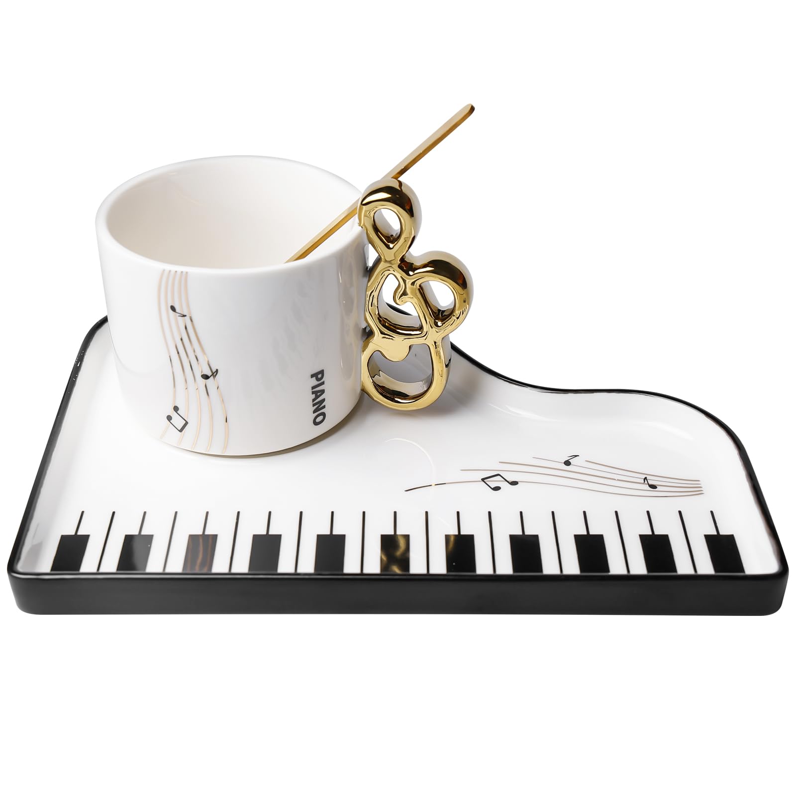 Musical Note Tazza da caffè in ceramica con piattino e cucchiaio: 200 ml per pianoforte creativo, tazza da caffè con nota musicale, tazza da tè stampata, tazza da caffè per amore della musica, regalo