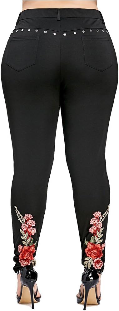 iDeesse Women's Plus Size High Waist Floral Embroidered Rivet Pencil Pants (Black, 2XL)