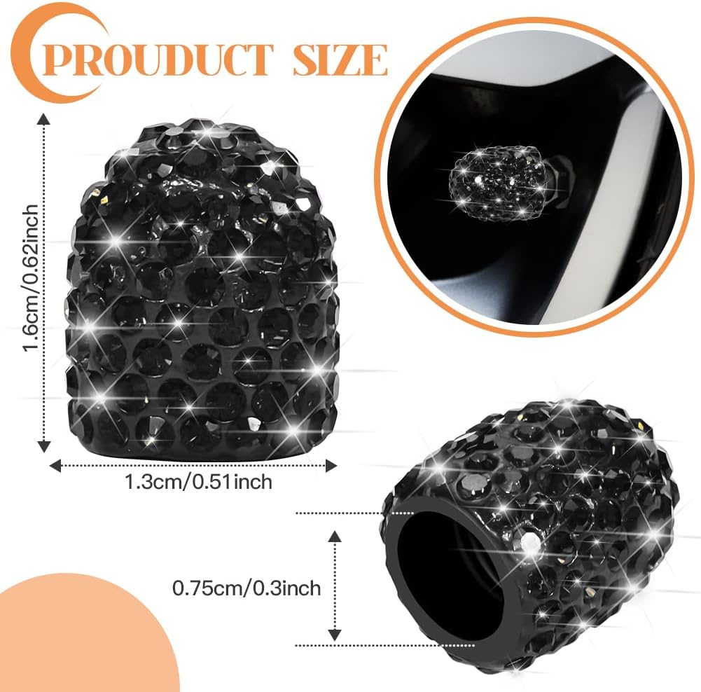 OTOSTAR 4 Pack Bling Valve Stem Caps, Universal Tire Valve Caps Crystal Car Decoration Accessories for Vehicle Bicycle (Black)