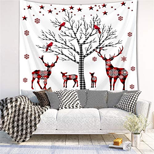 Lb Christmas Reindeer Tapestry Check Plaid Tree Elk Tapestry Wall Hanging Cardinals On Tree Winter Snowflake Tapestry For Bedroom Living Room Dorm Decorations Wall Art Decor 90X70 Inch #TOP1