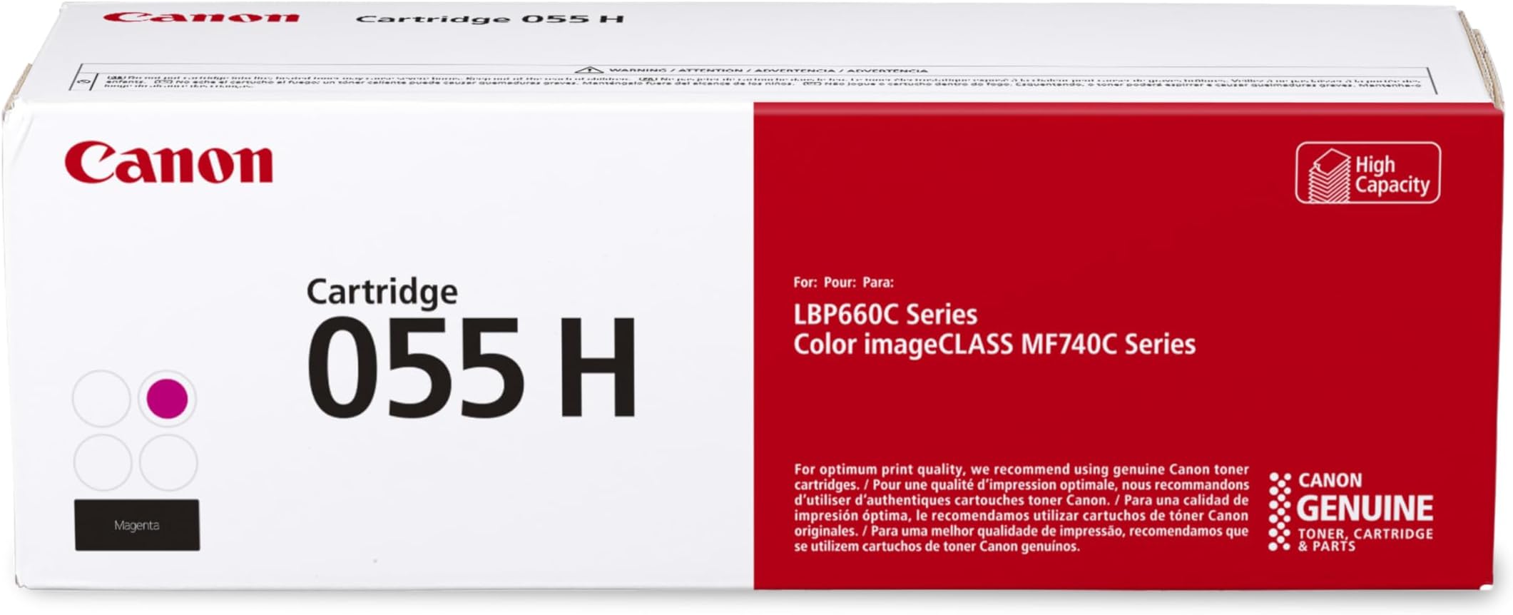 Canon Genuine Toner, Cartridge 055 Magenta, High Capacity (3018C001) 1 Pack Color imageCLASS MF741Cdw, MF743Cdw, MF745Cdw, MF746Cdw, LBP664Cdw Laser Printers, Standard