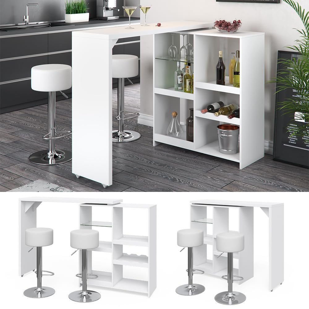 Vicco Set de Mesa de Bar Vega, Blanco, 138 x 39 cm con 2 taburetes de Bar, Plegable con estantes Abiertos para Almacenamiento