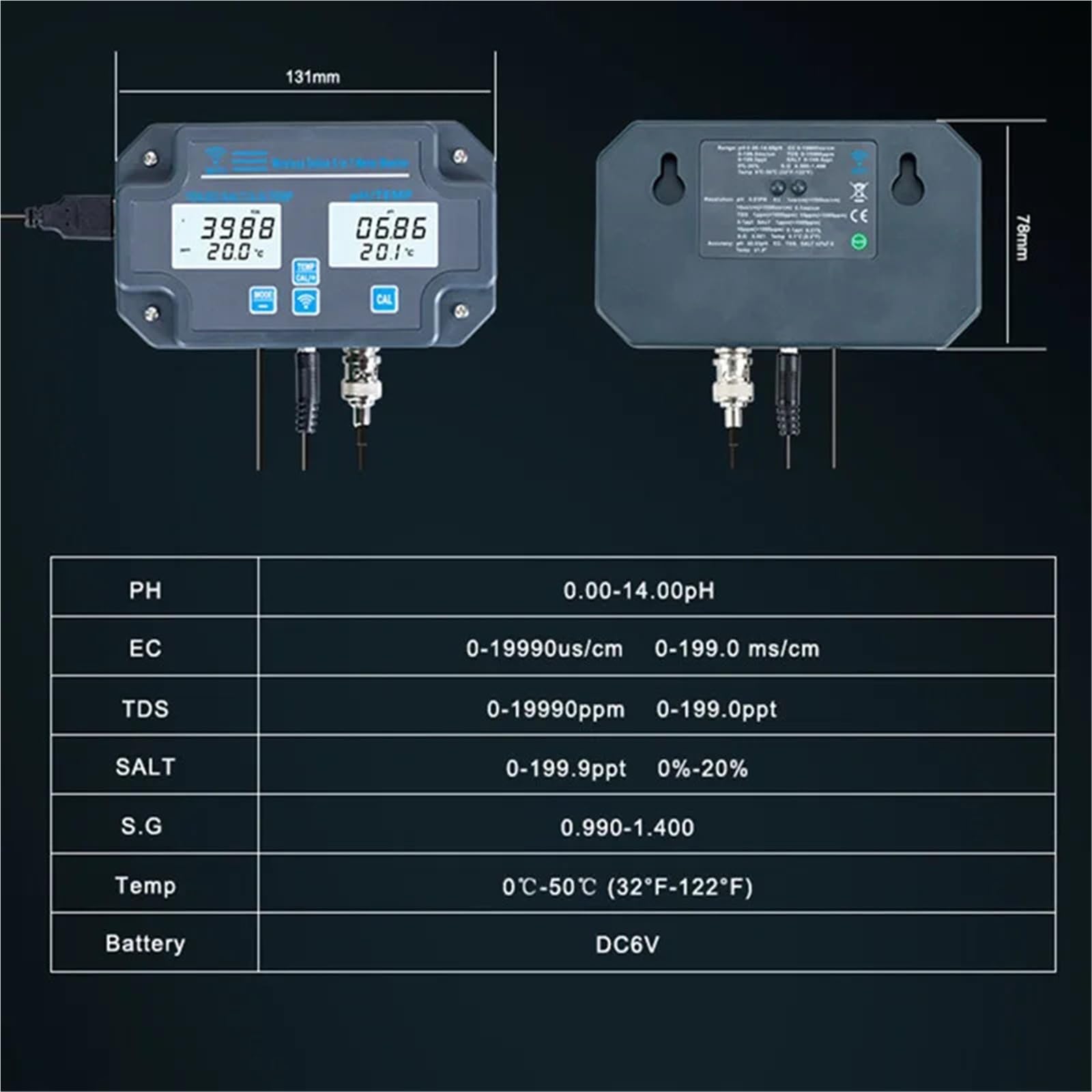 Tester digitale della qualità acqua Wi-Fi 6 in 1 PH/EC/TDS/SALE/GS/Temperatura Analizzatore APP Controllo intelligente Monitoraggio remoto online,Multifunzionale