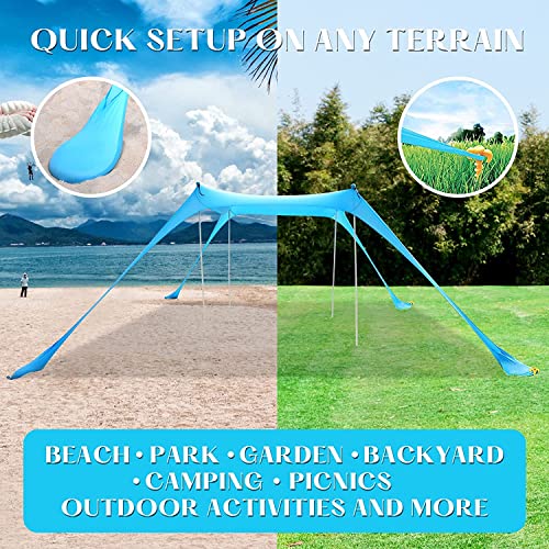 Image of Beach Tent Canopy, UPF50+ Beach Shade Portable Sun Shelter with 4 Poles, 4 Sandbags & Carrying Bag, Family Beach Sunshade for Beach, Camping, Picnic, Backyard (Blue 11x10 FT) (Sky Blue 7x7FT)