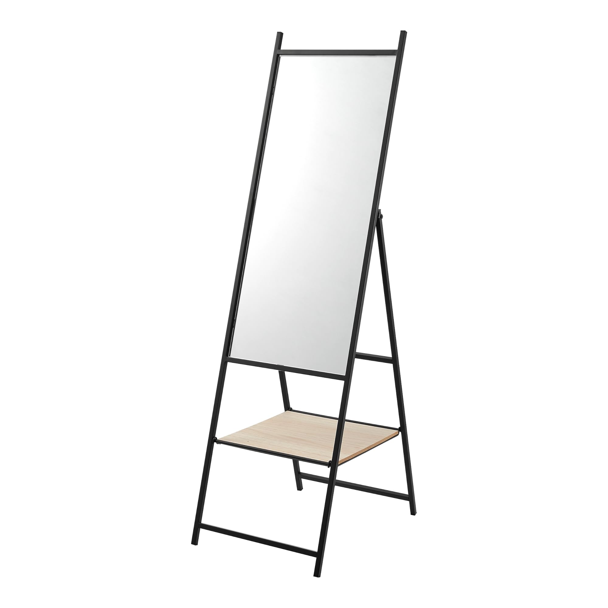 [en.casa] Espejo de Pie Cuerpo Entero con 1 Estante de Color Roble Rectangular Plegable con Pata Ajustable Práctico para Baño Metal MDF 150 x 44 x 60 cm - Negro