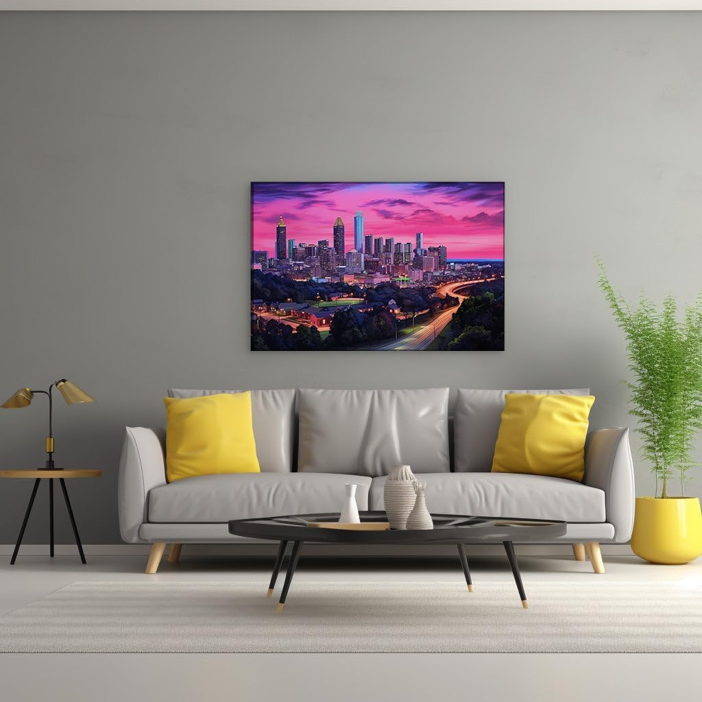 Canvas for Living room. Dusk Descends on the Urban Oasis: A Vivid Twilight Tableau, 27 x 18 inch Canvas Wall Art - Ready to Hang