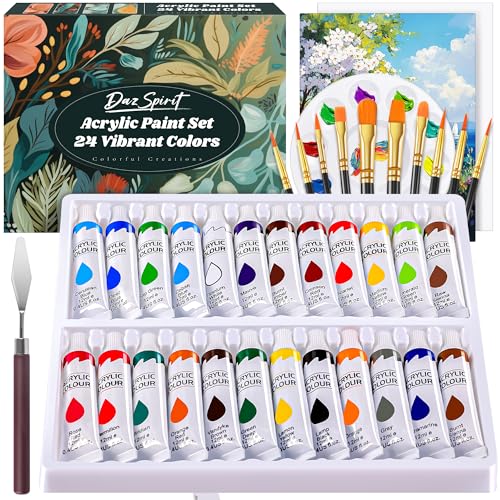 DazSpirit Acrylfarben-Set Mit 24 Farben, Acrylic Paint Set Inkl. Profipinsel, Palette & Leinwände, Lichtecht Acrylfarben Ideal Für Leinwand, Papier Und Stoffe, Ideal Für Künstler, Amateure