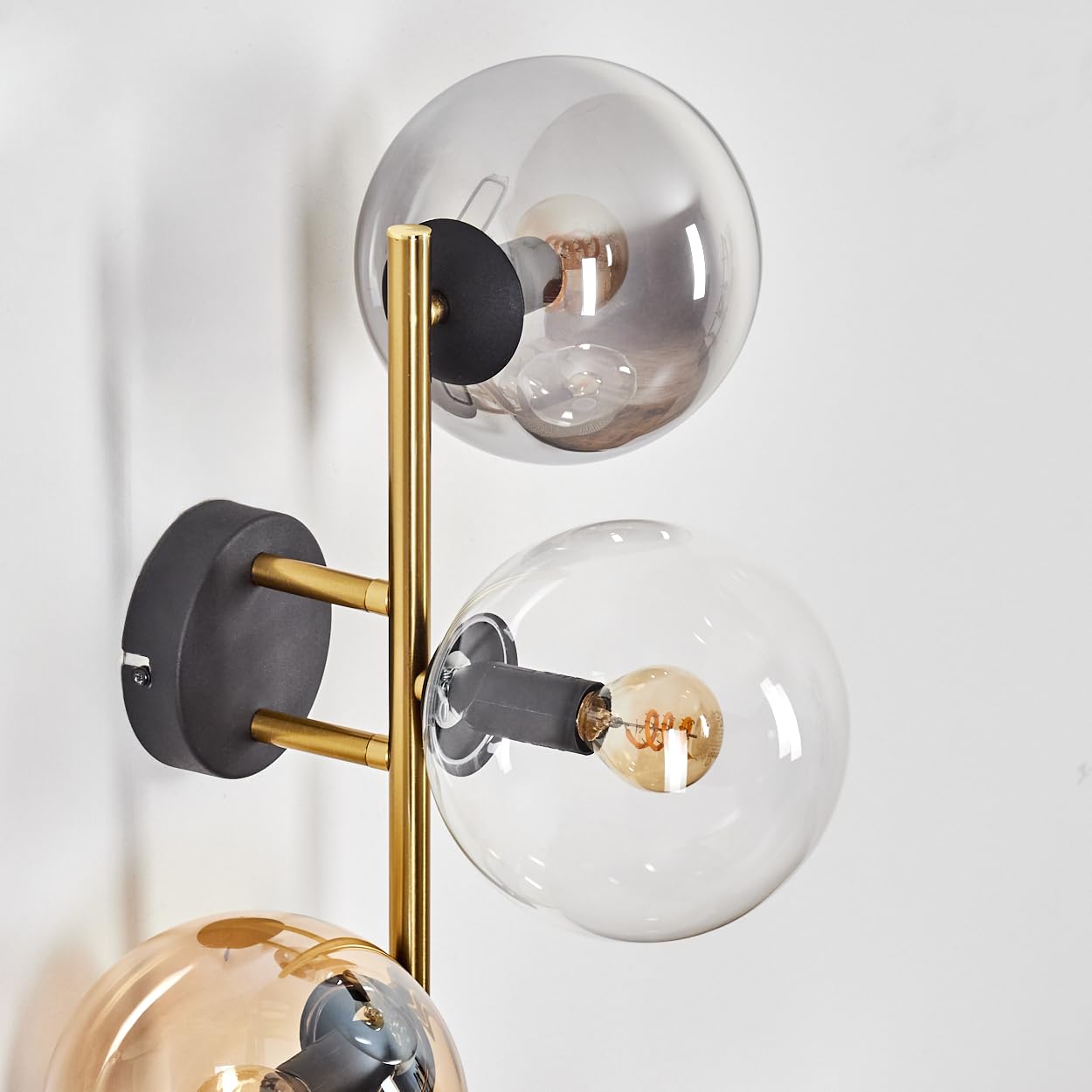 HOFSTEIN Wandleuchte Gastor, Wandlampe aus Metall/Glas in Schwarz/Gold/Rauch/Bernstein/Klar, Leuchte im Retro/Vintage-Design (Schirme Ø 15 cm), E14, Wohnzimmer, Schlafzimmer, Küche, Flur, Treppenhaus