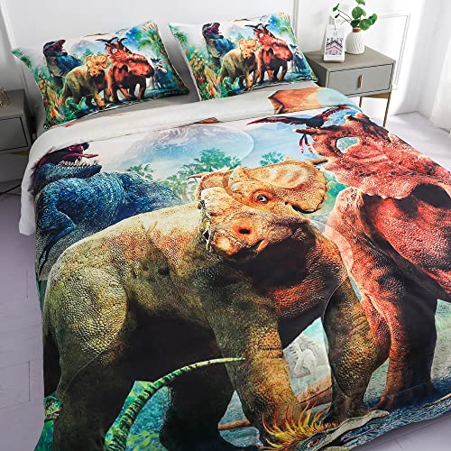 Roscloud Kids Dinosaur Comforter Sets Twin Size Boys Dinosaur Bed Set - 2Pc 3D T-Rex Triceratops Tanystropheus Jungle Dinosaur Bedding (Comforter X 1 Pillowcase X 1) #TOP2