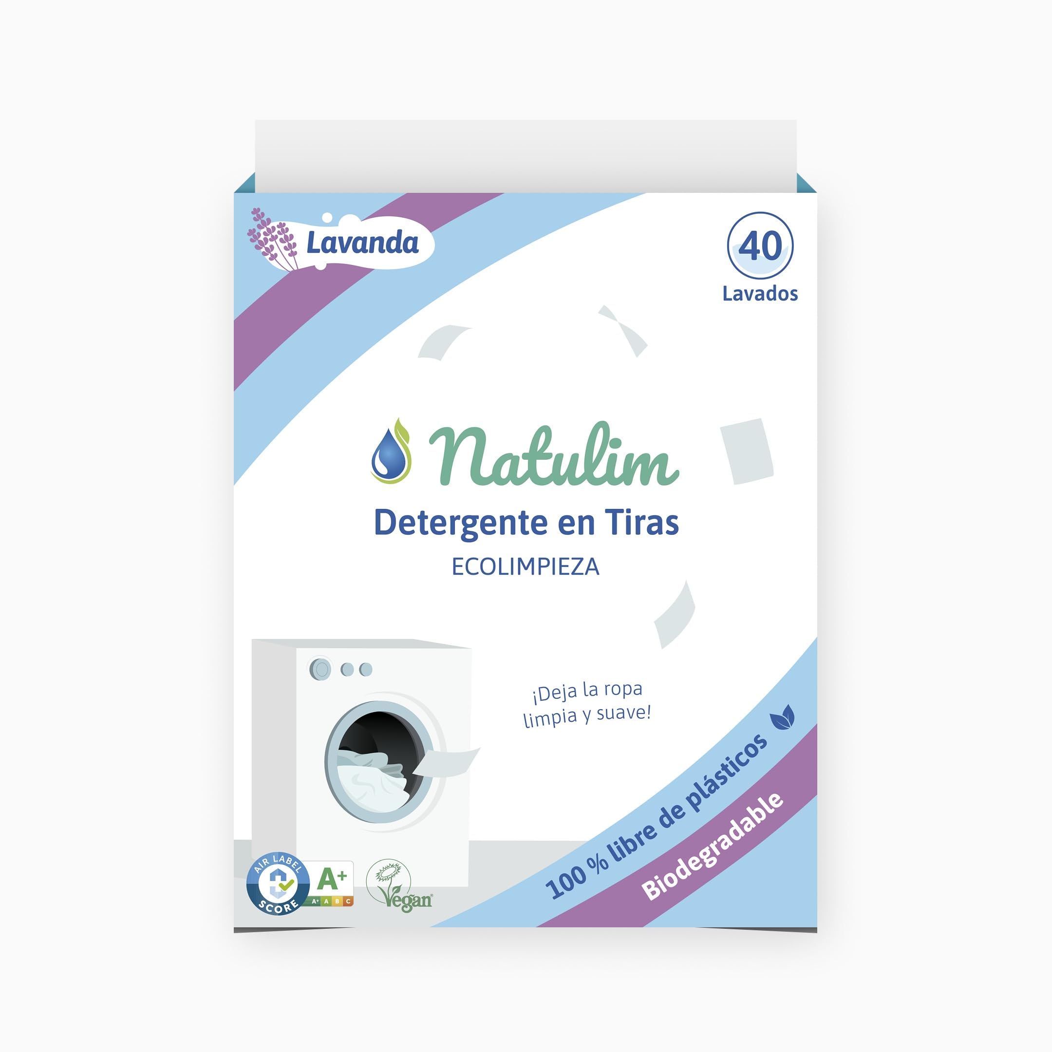 Natulim - Detergent in Strips for Washing Machine (40 Washes) - Includes Softener, Eco-Friendly, Hypoallergenic, Made in Spain - Clean and soft clothes without messing the planet (Lavender Fragrance)