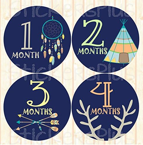 Baby Boy Month Stickers Monthly Baby Milestone Stickers Navy Blue Tribal Arrow Dreamcatcher Teepee Deer Antler