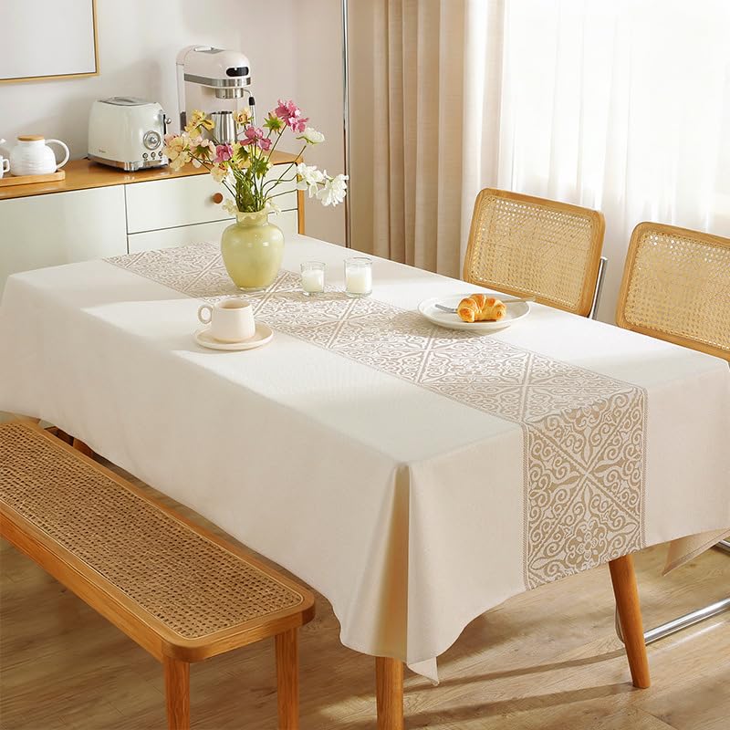 Yumlock 140x180cm Cotton-Linen Look Tablecloth Water-Resistant Oil-Resistant Durable Cover for 4-6 Seater Dining Table European Classical Pattern