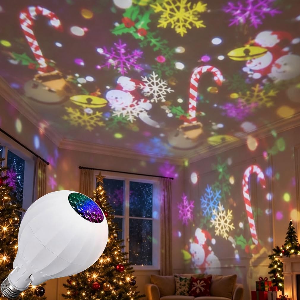 Rotating Christmas Projector Bulb E27 Plug and Play HD Festive Scenes Light, Christmas Projector Light with 16 Patterns Rotating Dynamic Projection, Colorful Rotating Dynamic Projection for Decor，B