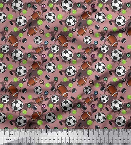 Soimoi Rayon Pink Fabric - by The Yard - 42 Inch Wide - Cricket Ball, Rugby & Football Sports - Tri-Sport Extravaganza with Cricket Ball, Rugby, and Football Prints Printed Fabric