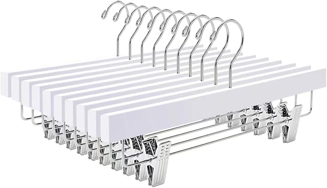 Amber Home 35.5cm White Wooden Pants Hangers 10pcs, Smooth Wood Skirt Hanger Organizer with Adjustable Anti-Slip Chrome Clips, Space Saving Solid Clothes Hangers Rack for Bottoms Jeans Slacks Trousers