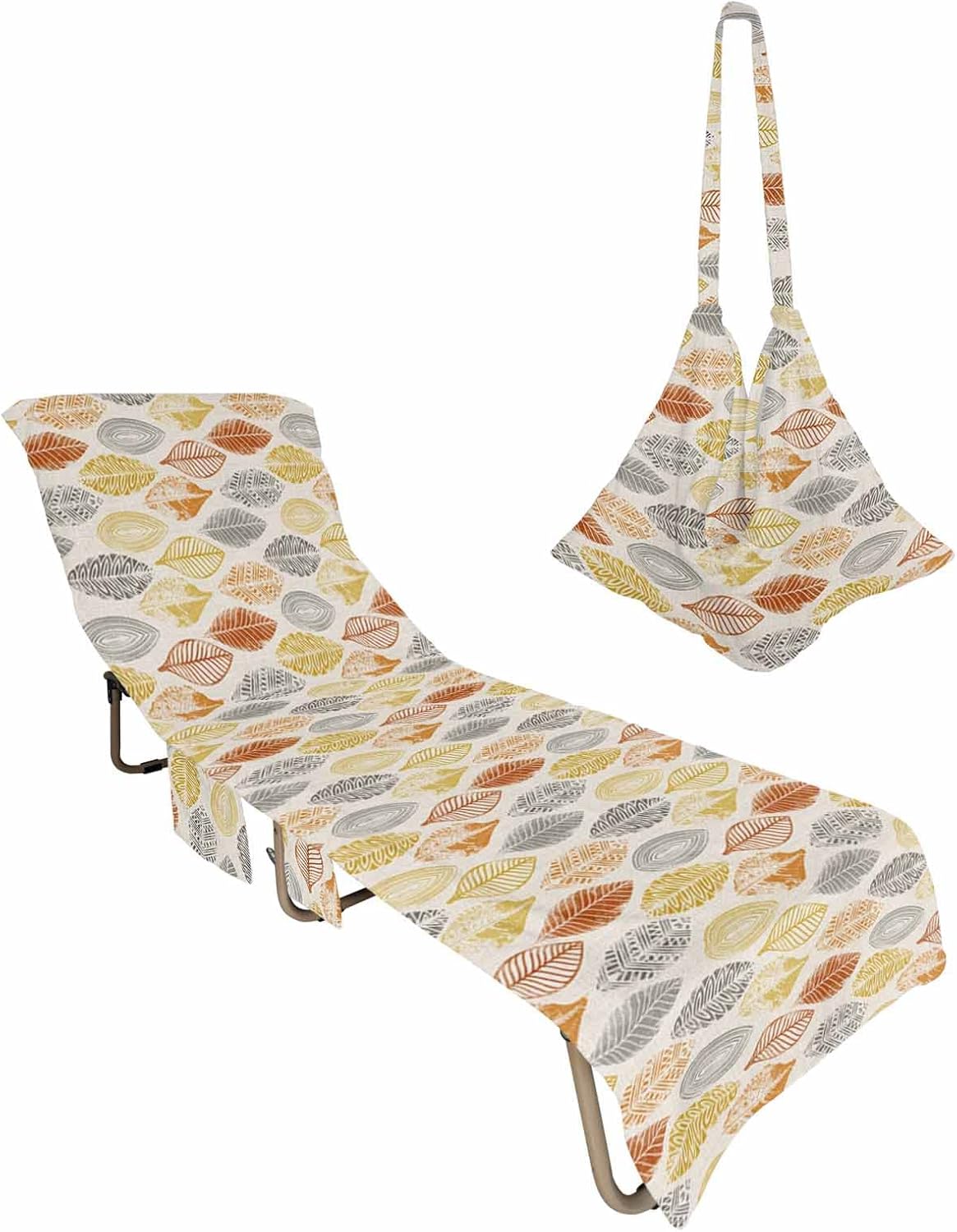 Leaves Watercolor Beach Pool Patio Lounge Chaise Chair Cover Towel With Pockets,Absorbent & Quick Dry Microfiber Towel Cover Bag Summer Accessories for Sunbathing Orange Yellow Grey Fall Leaf