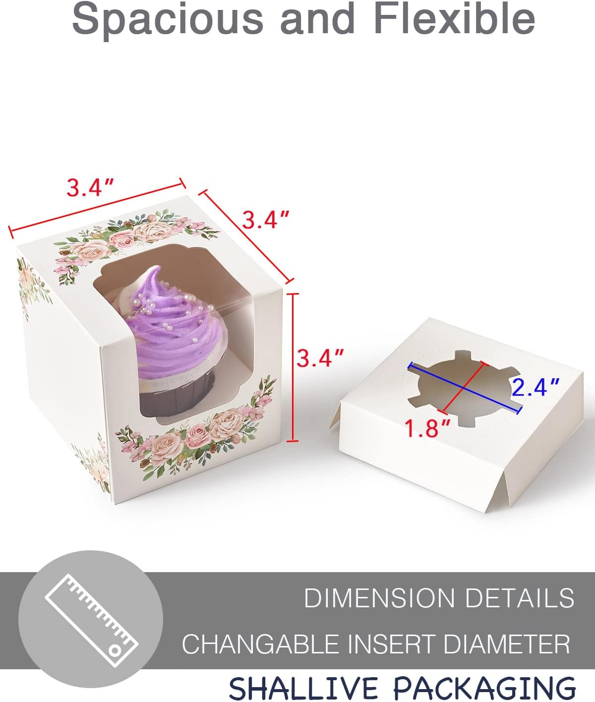 Mother's Day Flowers Cupcake Boxes Individual 100 PCS with Insert and Window, 3.5" Floral Pink White Wedding Single Cupcake Containers for Mothers day Treat Gift Packaging
