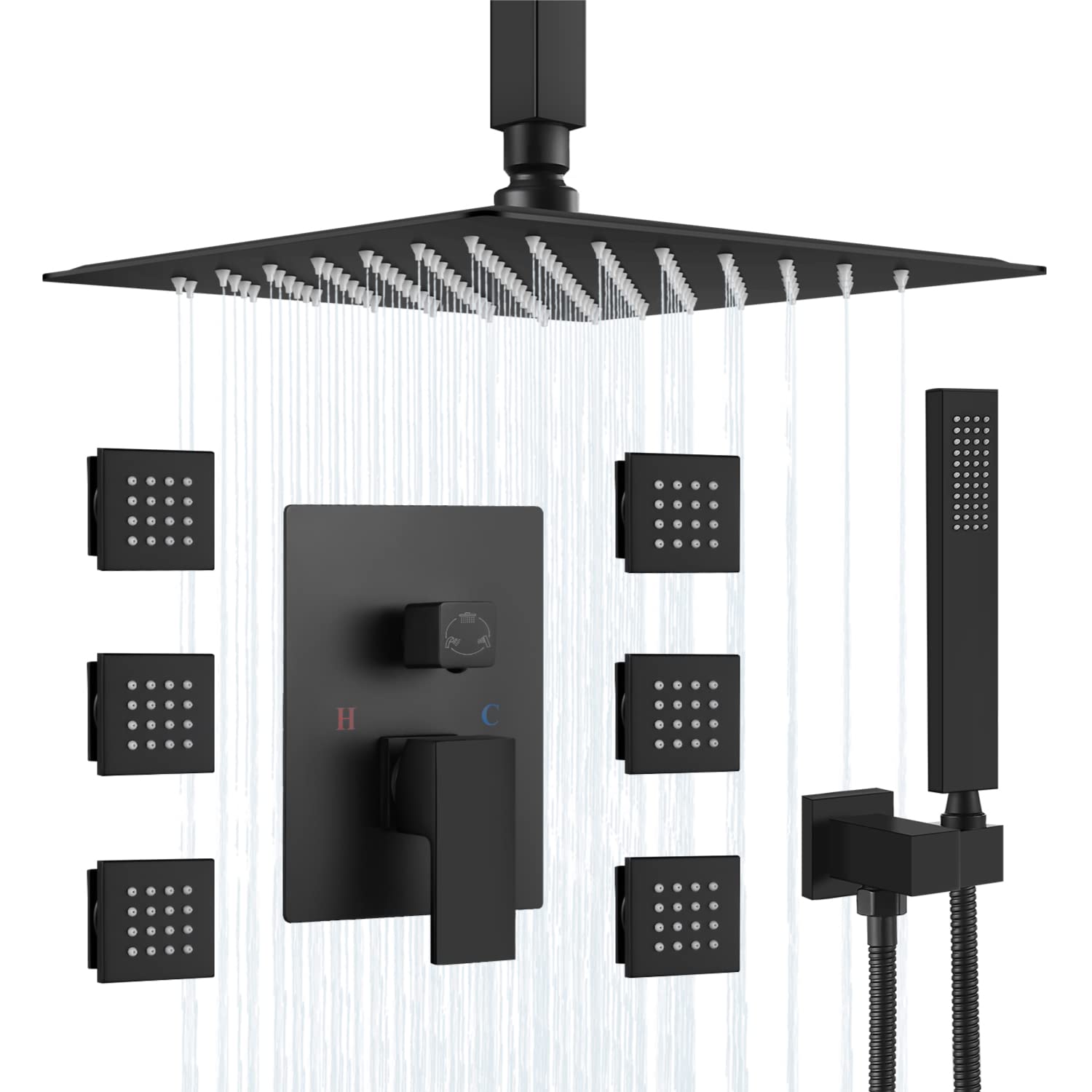 Buy Airuida Matte Black 12 Inch Ceiling Rain Shower Head with Handheld