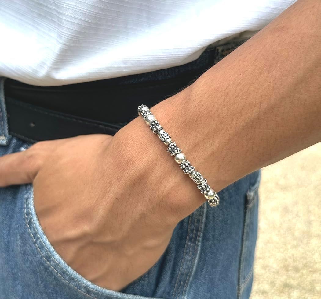 Kartini Studio Sterling Silver Bead Bracelet, Sterling Silver Bali Beads Bracelet, Luxury Bead Jewelry for Men