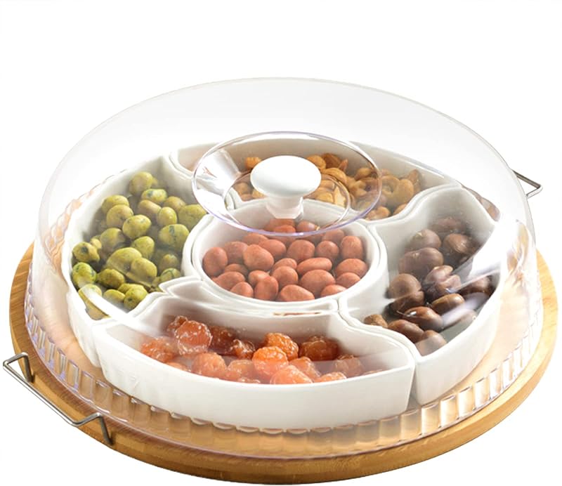 Ceramic Divided Serving Dishes Platter with Clear Lid, 11 Inch Bamboo Appetizer Tray with Handles 5 Removable Snacks Bowls Relish Tray for Candy and Nut, Chips and Dips, Veggies