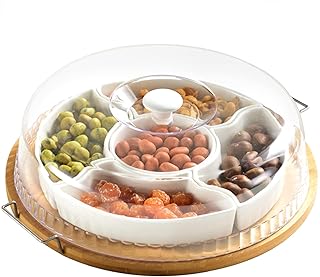 yarlung Ceramic Divided Serving Dishes Platter with Clear Lid, 11 Inch Bamboo Appetizer Tray with Handles 5 Removable Snacks Bowls Relish Tray for Candy and Nut, Chips and Dips, Veggies
