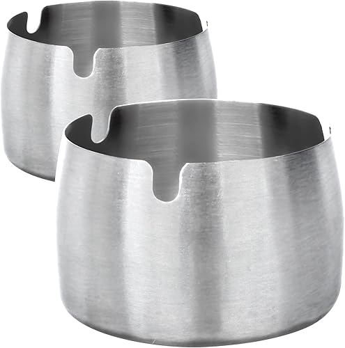 Paquete de 2 ceniceros de metal a prueba de viento, ceniceros de tamaño mediano, bandeja de ceniza redonda de mesa plateada, soporte de cenizas para