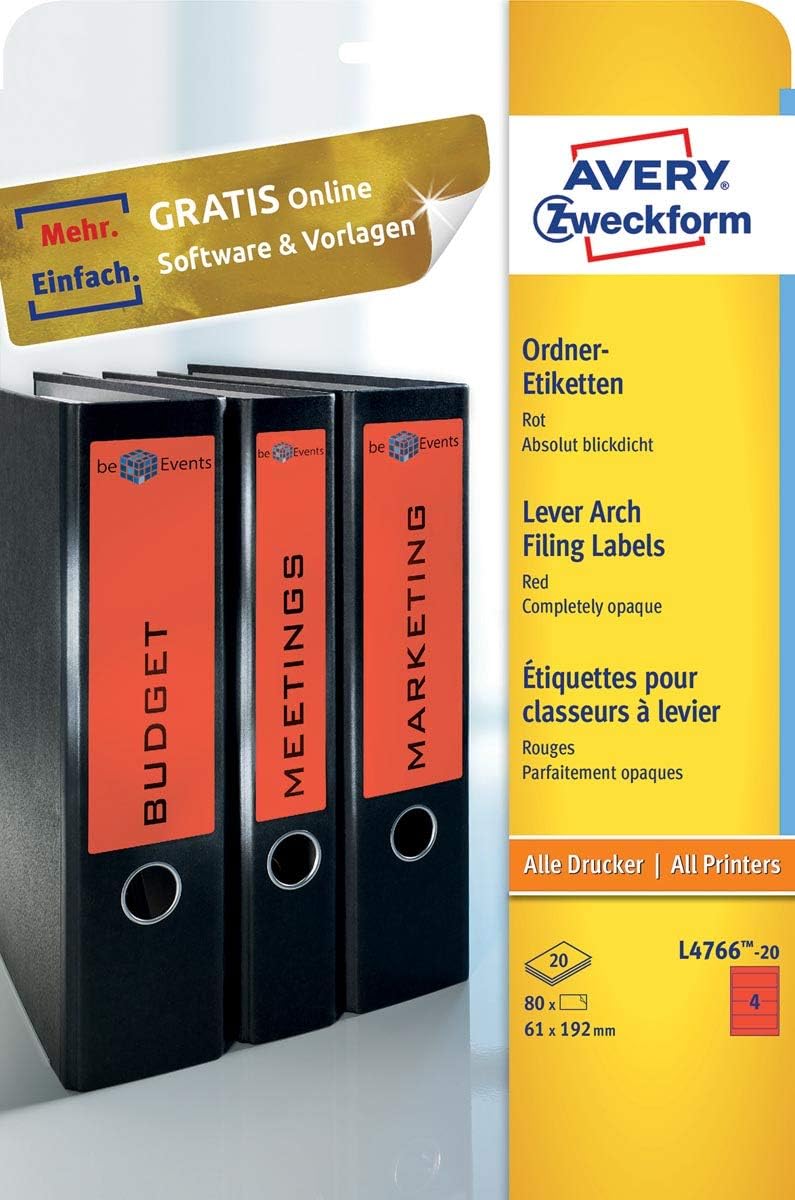 Avery Zweckform L4766 A4 Folder Labels 80 Pack of 192 x 61 mm 20 Sheets Red