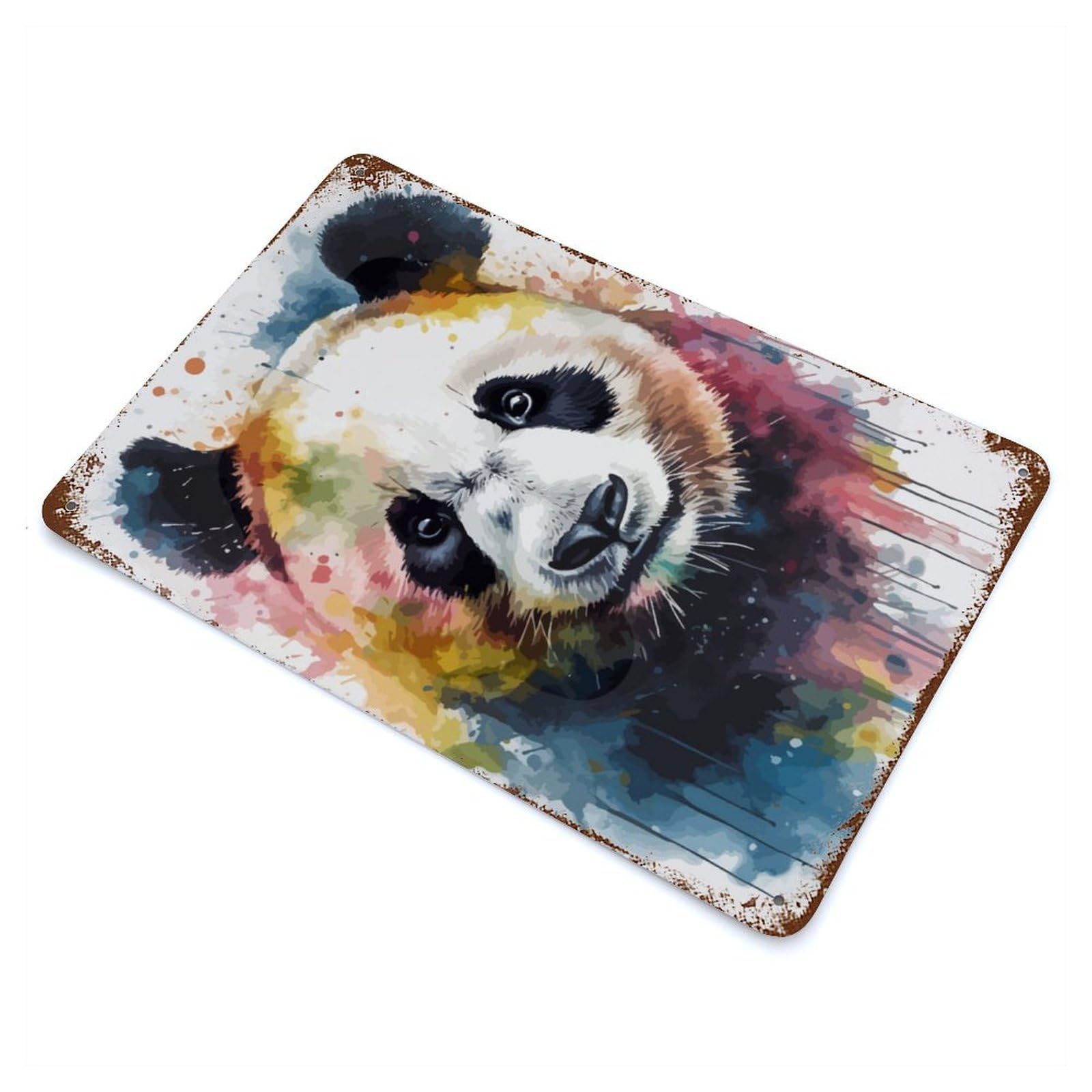 Panda Bear Head Watercolor Vintage Wall Sign 11.8"x7.9", Rust Effect Metal Decor for Cafe, Home Bar And Lounge Decor