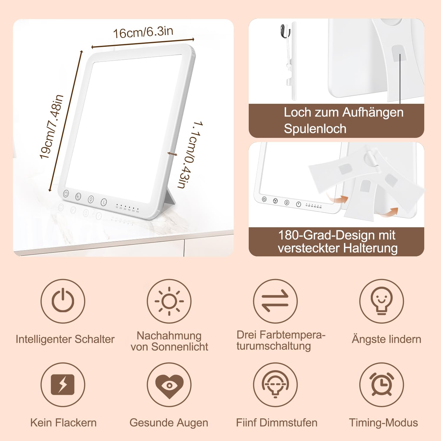 Tageslichtlampe,10000 Lux Lichttherapielampe, UV-freie LED Tageslichtlampen, Simulation von Tageslicht, 3 Farbtemperaturen 5 Helligkeitsstufen Touch-Control Sonnenlicht Lampe, Vollspektrumlampe
