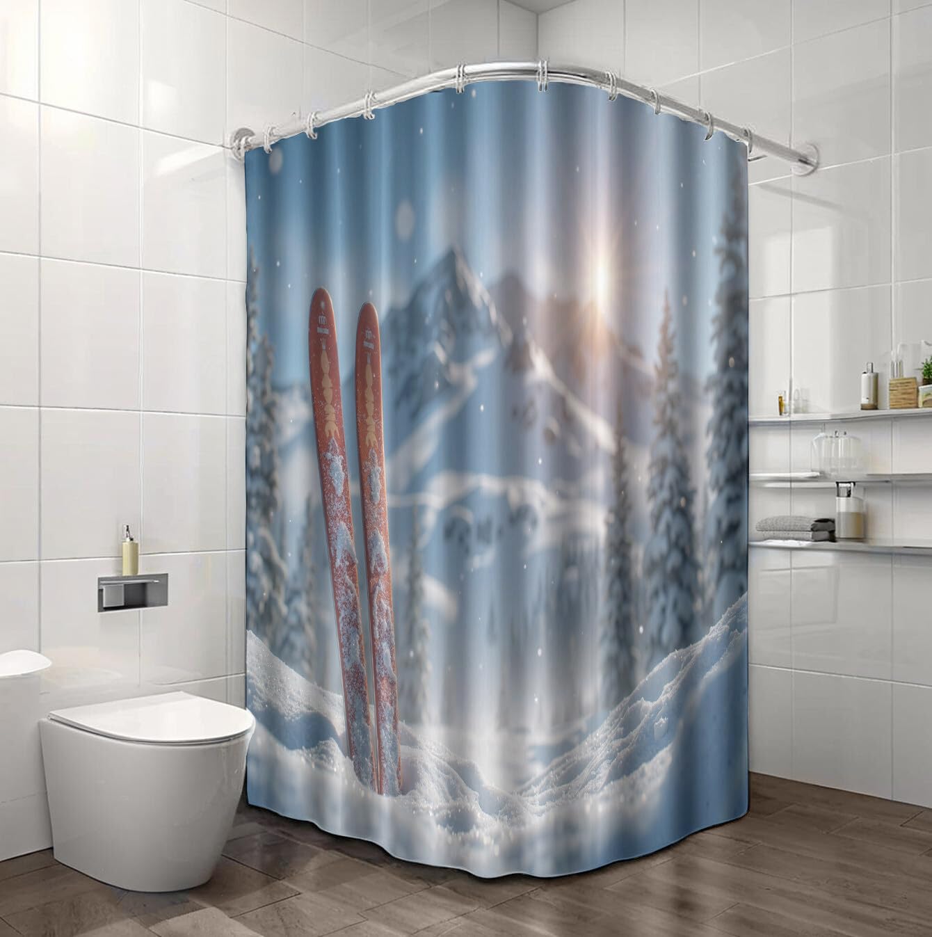 Rideau Douche,Rideau Baignoire Lavable en Machine Rideaux Douche Tissus Lavable Rideau De Baignoire Lavable pour Salle De Bain Domicile Baignoire Famille,Champ De Neige De Montagne,