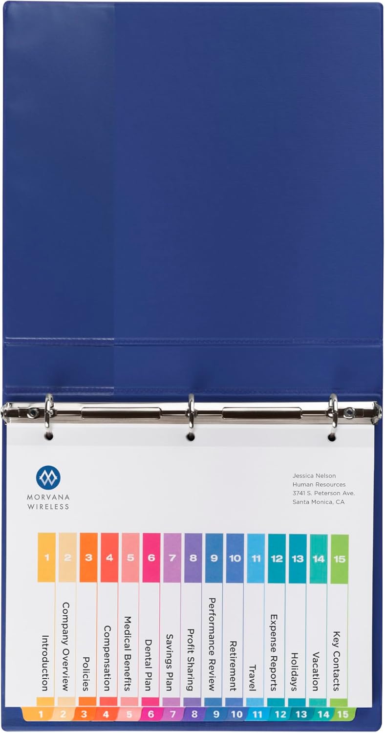 Avery 15 Tab Dividers for 3 Ring Binders, Customizable Table of Contents, Multicolor Tabs, 6 Sets (11197)