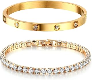 Tennisarmband Damen Zirkonia Armreif : 2Pcs Armband für Frauen Edelstal 6mm Breit 17cm Armbänder Schmuck Geschenk golden für Mama Freund Tochter