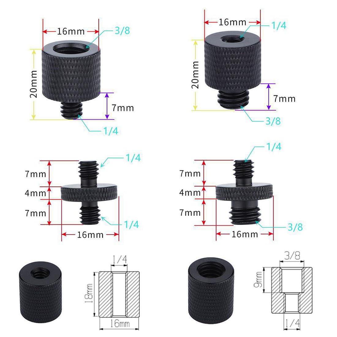 6 sztuk adapter do statywu 1/4 na 3/8 cala gwint statyw aparat śruby zestaw adapterów statyw podwójna śruba do aparatu fotograficznego statywu mikrofonowego statywu lampy
